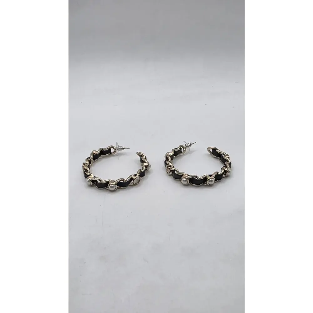 Chanel 2019 Faux Pearl Leather Interlocking CC Hoop Earrings